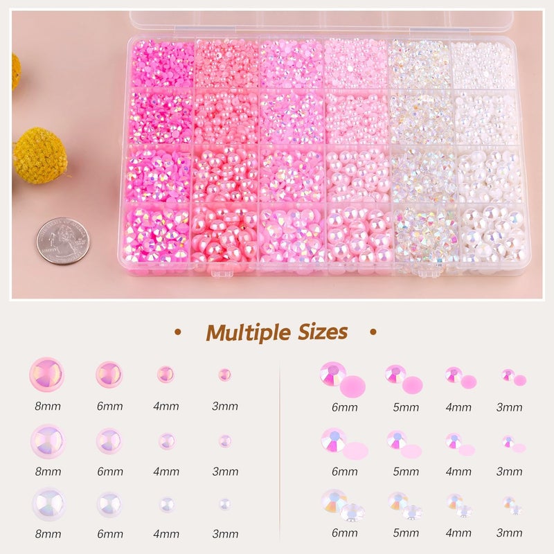 TINKRSTUFF 9000PCS Flatback Pearls and Pink Rhinestones for Bedazzling Kit, Pink White Mixed Size 3-8mm Resin Rhinestones and Half Pearls Gems for Crafting, Nail Art and Grad Cap Decoration - Image 2